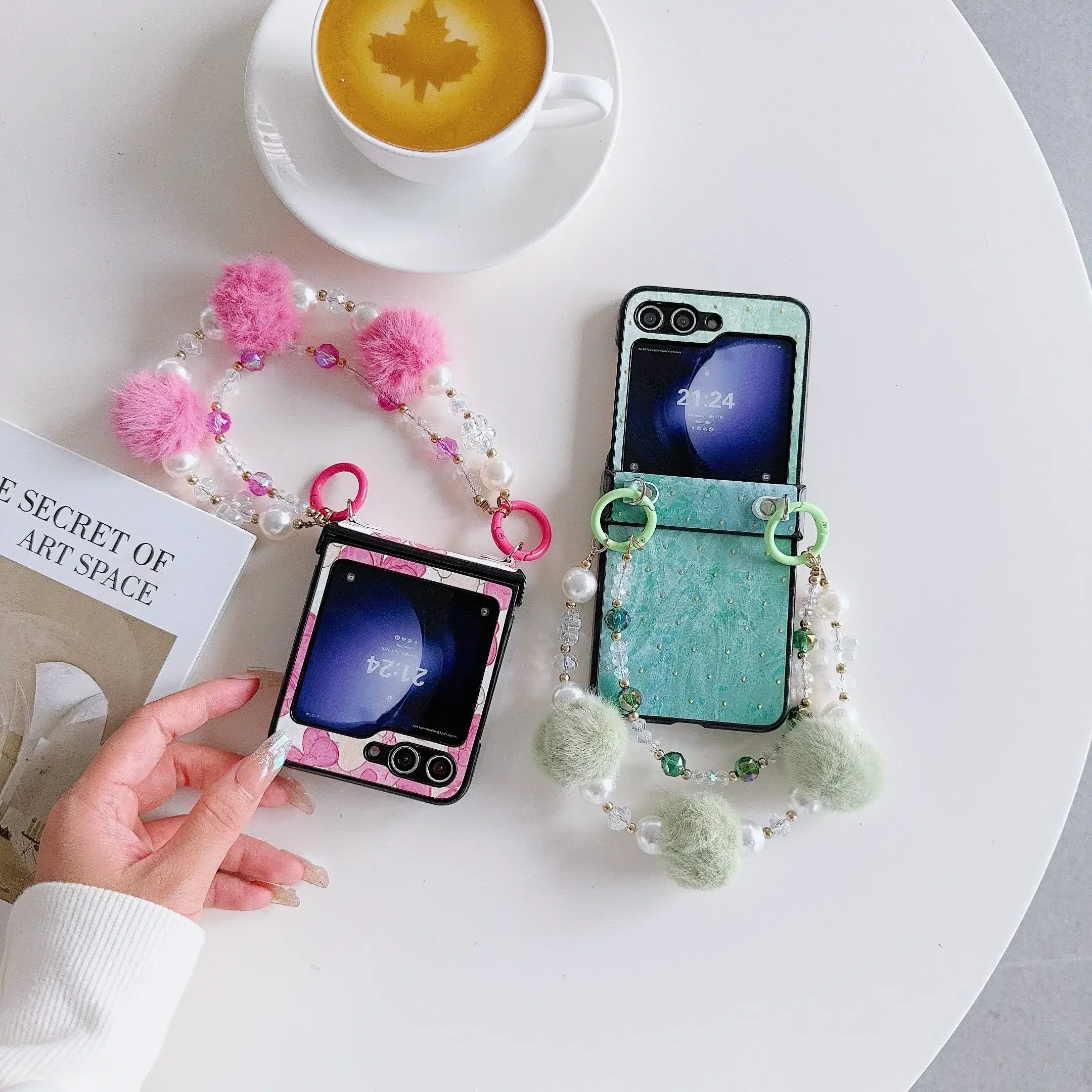 Colorful Bead Cute Bobbles Wrist Strap PU Leather Phone Case for Samsung Galaxy Z Flip 6 5 4 3 Hinge Protection Shockproof Cover