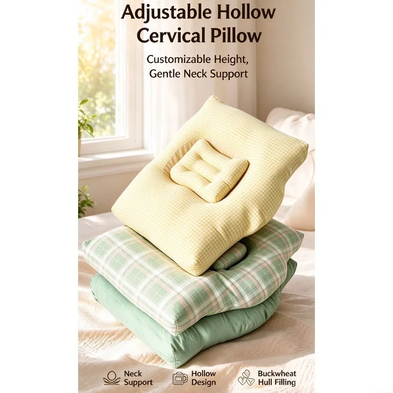 Cervical Buckwheat Hull Pillow, Hollow Adjustable Height Adult Neck Support Zoned Neck Care Sleeping Pillow
