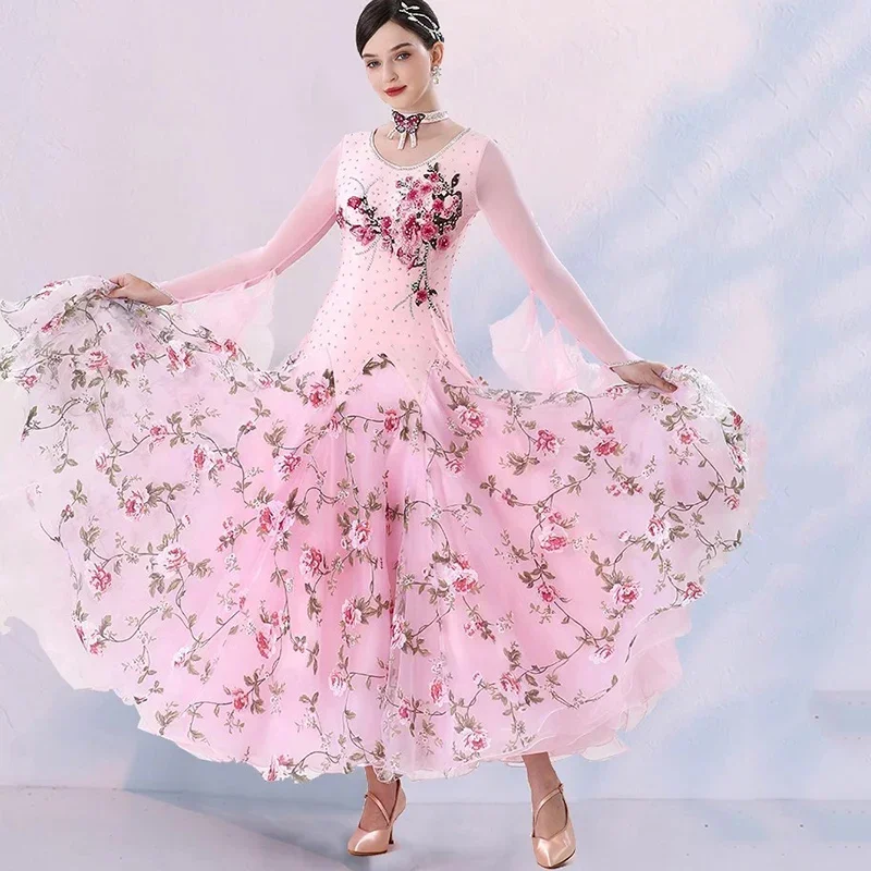 

Pink Ballroom Dance Competition Dress for Woman Standard Waltz Performance Clothes Long Sleeves Modern Dancewear Costumes
