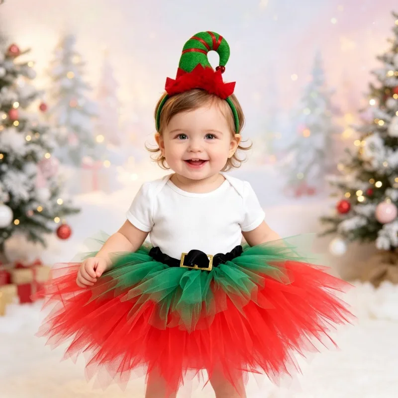 

Kids Christmas Tutu Skirt Set with Headwear, Red and Green Tulle Midi Skirt for Christmas, Festive Party Tutu Dress for Children