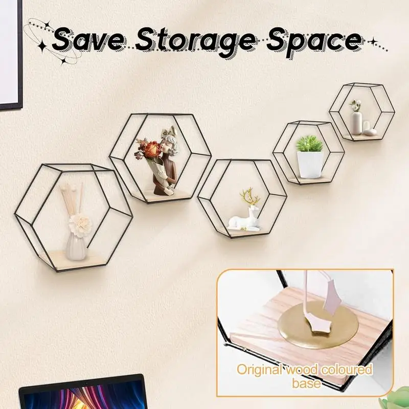 5Pcs Hexagonal Wall Storage Shelves Wall Floating Shelf Modern Different Sizes Storage Rack Decorative Space-Saving Home Decor