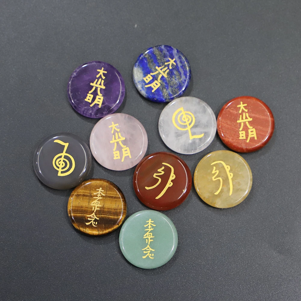 New Natural Stones with Lapis Lazuli Engraved Symbols Round Shape Polished Palm Reiki Crystal Religious Belief Divination 4PCS