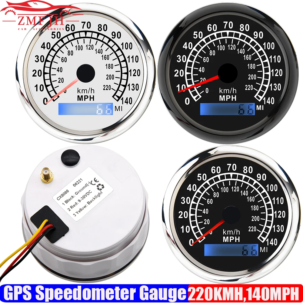 Auto Car 85mm GPS Speedometer Gauge with Antenna Pointer 220KMH,140MPH Speed Meter Red Light for Marine Boat Yacht 12V24V Custom