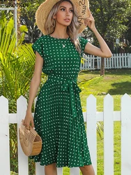 Zomer Vrouwen Polka Dot Korte Mouwen Jurk Casual Bandage Party Geplooide Midi Jurken Elegant Green Office Lady Kleding 2022