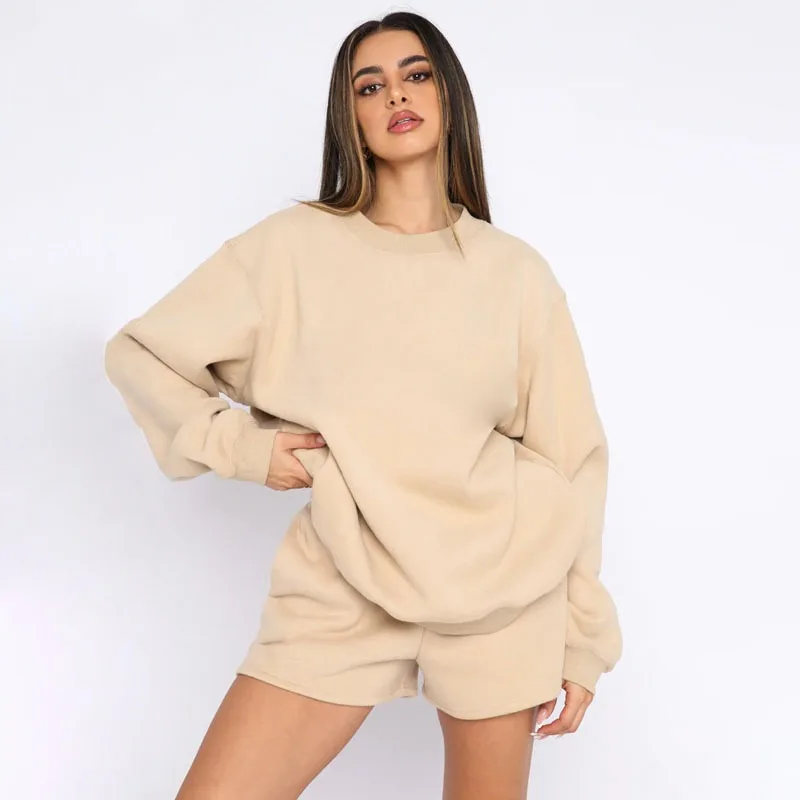 

Women's Long Sleeved Sportswear Jogging Pants Casual Elegant Two-piece Set Solid Round Collar Sweatshirt Fashion Shorts Suit