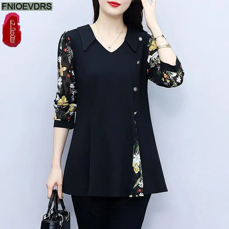 L-5XL Loose Clothes 2023 Women Autumn Elegant Ruffles Button Basic Shirts Retro Patchwork Black Floral Tunic Peplum Tops Blouses