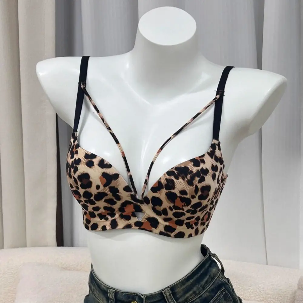 Comfortable 3/4 Cup Push-up Bra Women Leopard Deep V Seamless Underwear Lingerie Gathered Breasts Wireless Deep V Bra Daily Wear