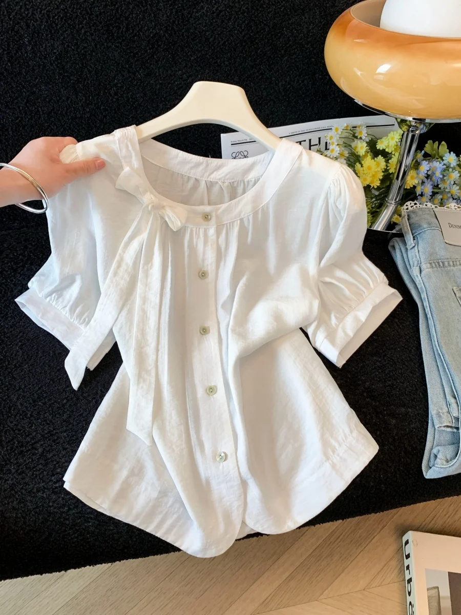 

White Knot Short Sleeve Shirt Women's Summer New Style round Neck Bubble Sleeve Top Skin-friendly Breathable Loose Fit