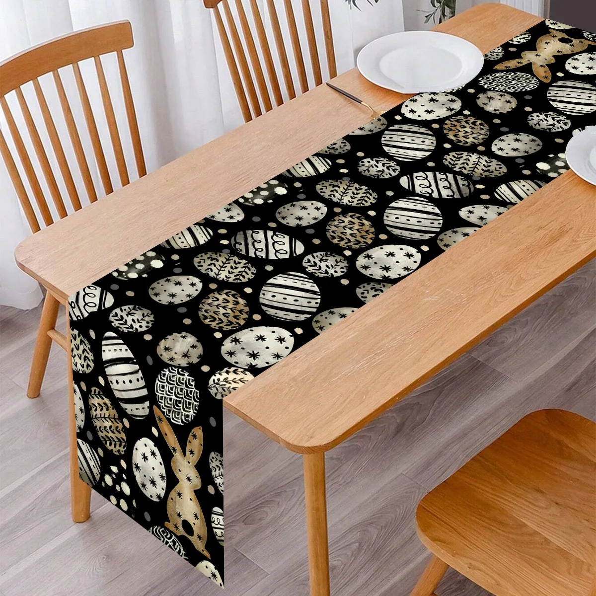 4 Styles Easter Table Runner Cute Bunny with Spring Flower Pattern Tablerunner Cool Black Easter Hunting Table Decor Easter Deco