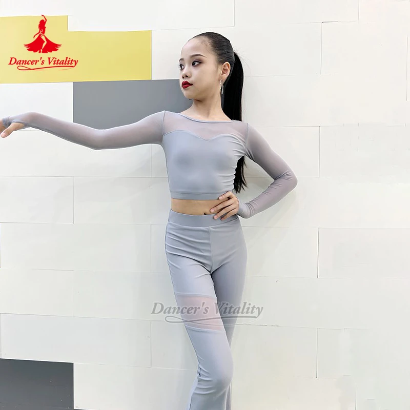 

Детский подростковый серый топ + брюки для чача-самбы, тренировочный комплект из 2 предметов, танцевальная жизненная латинская черная профессиональная тренировочная одежда