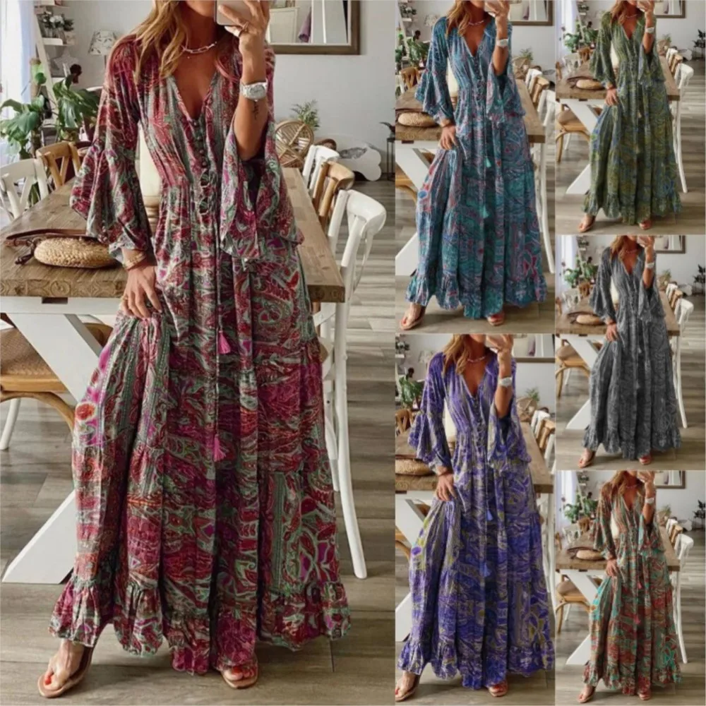 

2026 Long Sleeves Casual Dress For Wedding Women's Casual Dresses Vestidos Temperament Bohemian Vacation Holiday Printed V-link