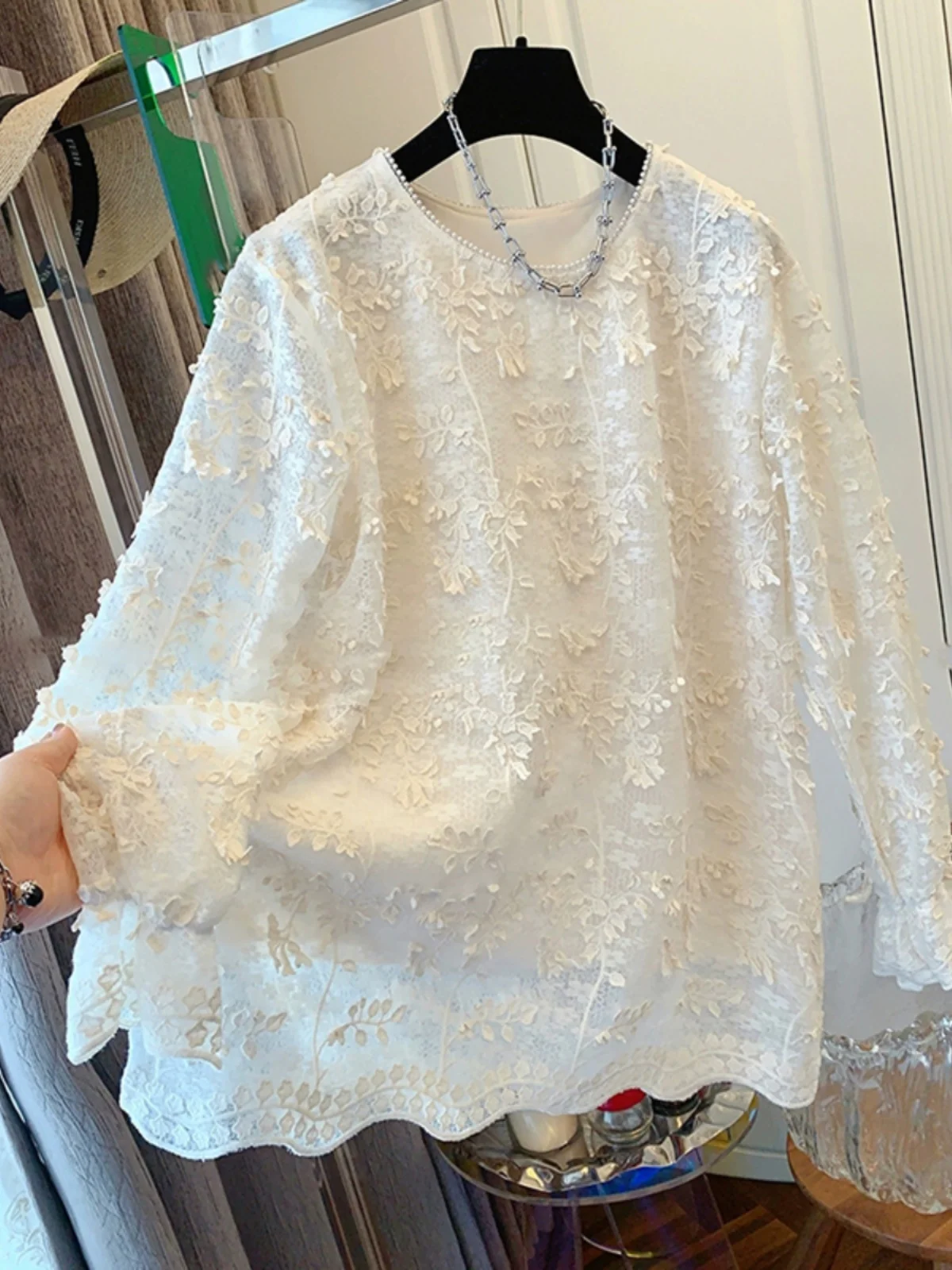 Retro Pearl Lace irt Damen Loose Long Sve Base Top Frühling 2025, luxuriöses Design, Pendler-Sle, rund, normale Länge