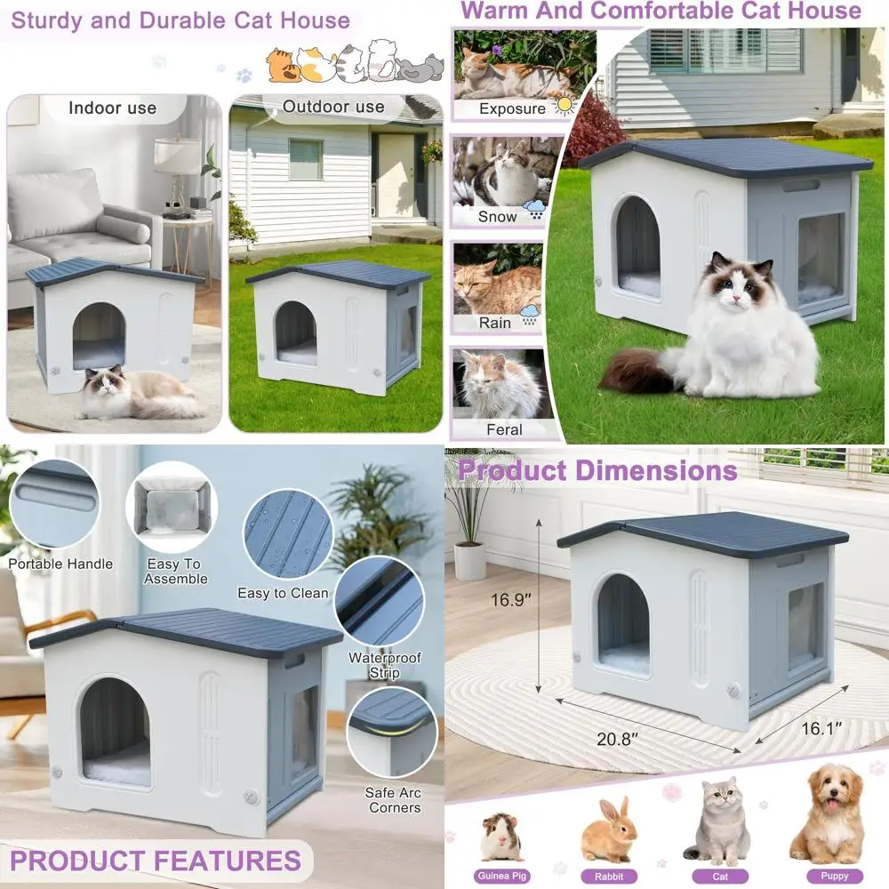 

Водонепроницаемый уличный домик для кошек с люком, простая сборка, серый, для уличных и домашних кошек, с ковриком