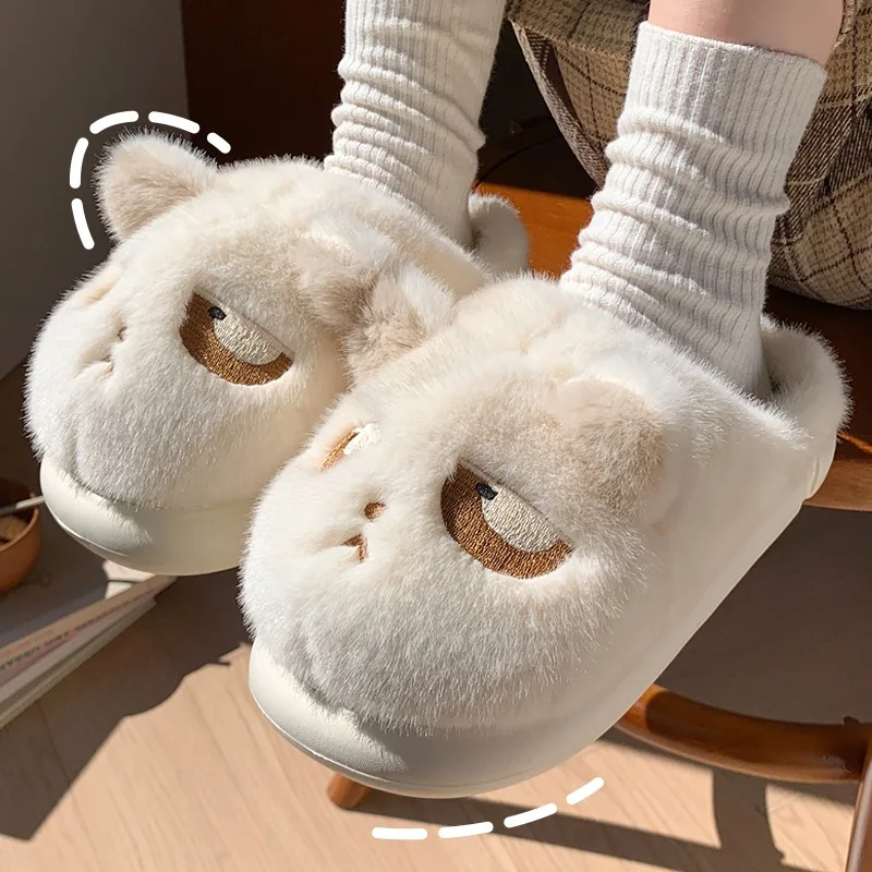 

Funny Dog Fluffy Slippers For Women Men Winter Cotton Shoes Warm Faux Fur Anti-slip Cute Cartoon Couples Indoor Home Slides