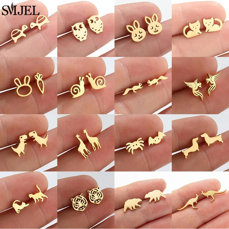 Cute Multiple Animal Earings Fashion Bear Owl Rabbit Snail Tiger Ear Cartilage Earrings for Women Small Dinosaur Studs Girl Gift