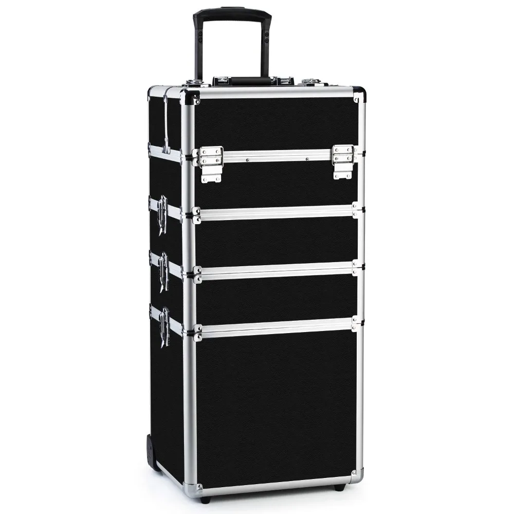 

Makeup Train Case 4 in 1 Professional Cosmetics Rolling Organizer Aluminum Frame and Folding Trays