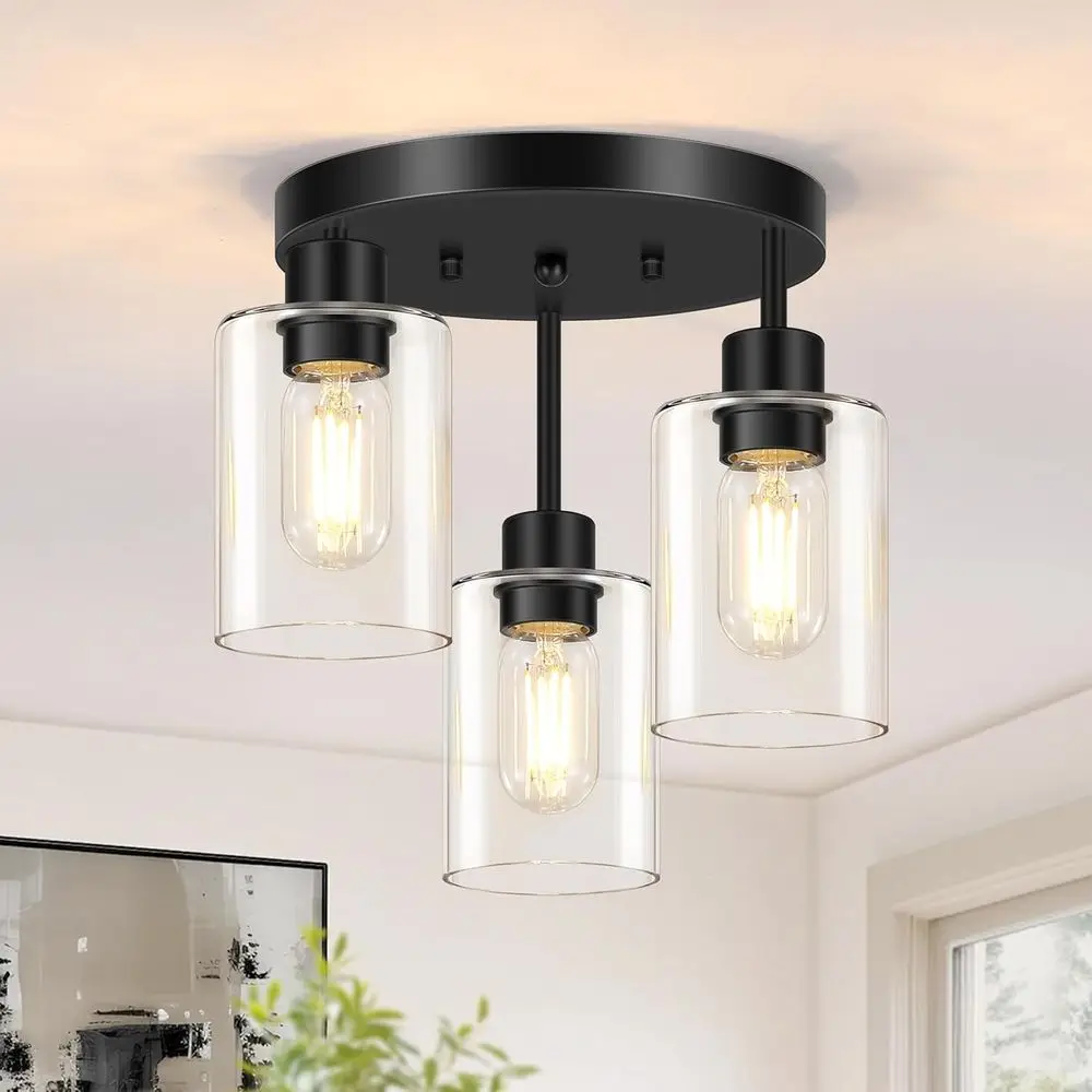 

armhouse lush Mount Ceiling Light, Black 3-Light Hallway Light ixtures Ceiling with Clear Glass Shades, Light ixtures Ceiling Mo