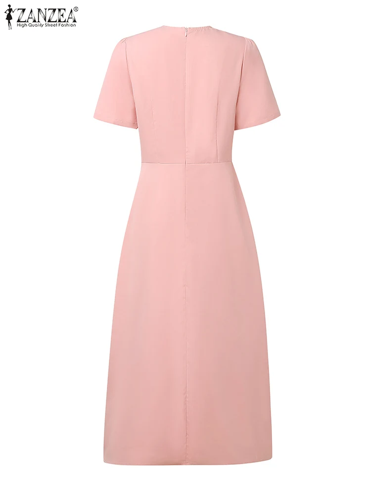 فساتين ZANZEA النسائية الأنيقة على شكل حرف a على شكل حرف a موضة صيف 2025 برقبة دائرية وأكمام قصيرة مكشكشة وتفاصيل فيونكة ميدي رداء نسائي