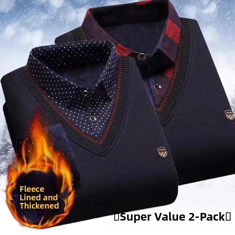 

Busin Casual Thiened Fce Lined Long Sve Knitted Sweater Fake Two-Piece Men's Base Layer Dad irt Ne Polyes...