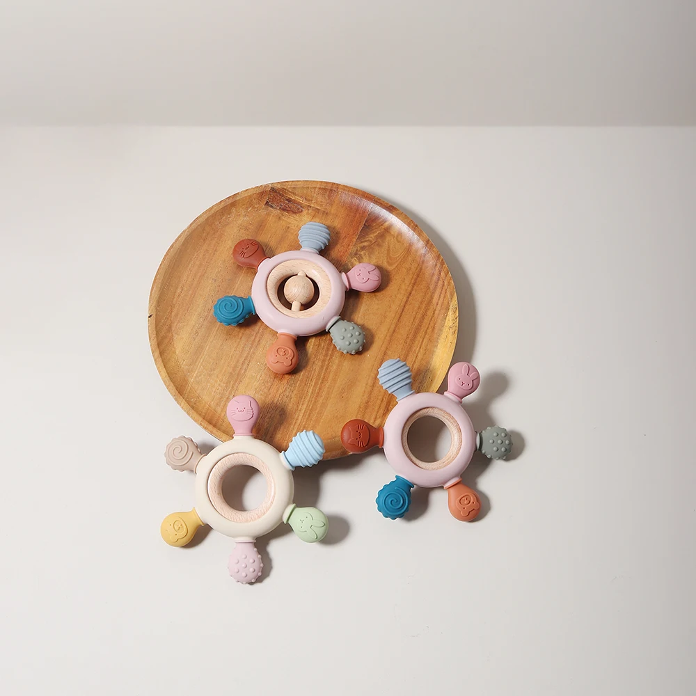 New Food Grade Baby Silicone Teether Rudder Shape with Wooden Ring Teething toy teeth ease rattle