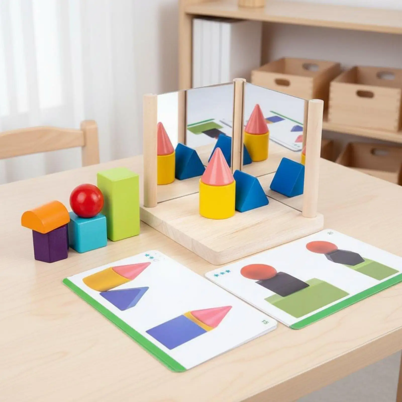 Mirror Building Blocks Geometry Logic Game Wooden Puzzle Multifunctional Educational Toy for Children Learning