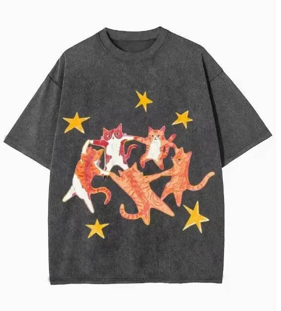 T-Shirts mit tanzendem Katzen-Stern-Print, Y2K-Stil, Sommer-Hip-Hop-T-Shirt, Retro-T-Shirt, lässig, lockere Sommer-Kurzarmhemden, Unisex