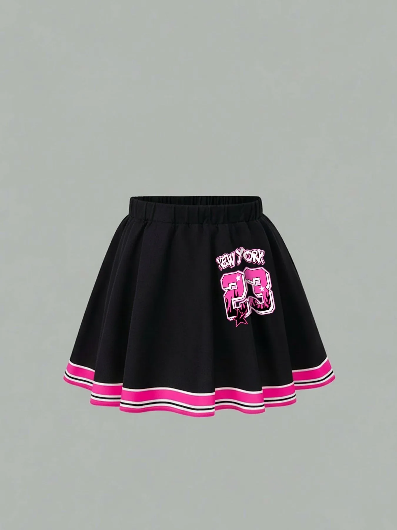 Trendy Girls 2Pcs Y2K Sport Co-Ord, Pink Flame Letter Number Graphic V Neck Tee & Striped Pleated Mini Skirt for Street & Daily view 5