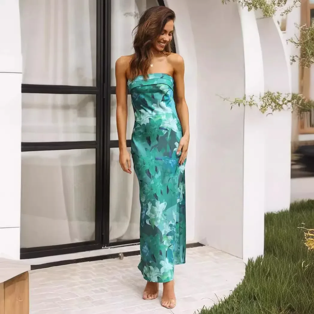 Spring Summer New Style Satin Women Fashion Printed Dress Sexy Backless Strapless Lady Banquet Party Dresses