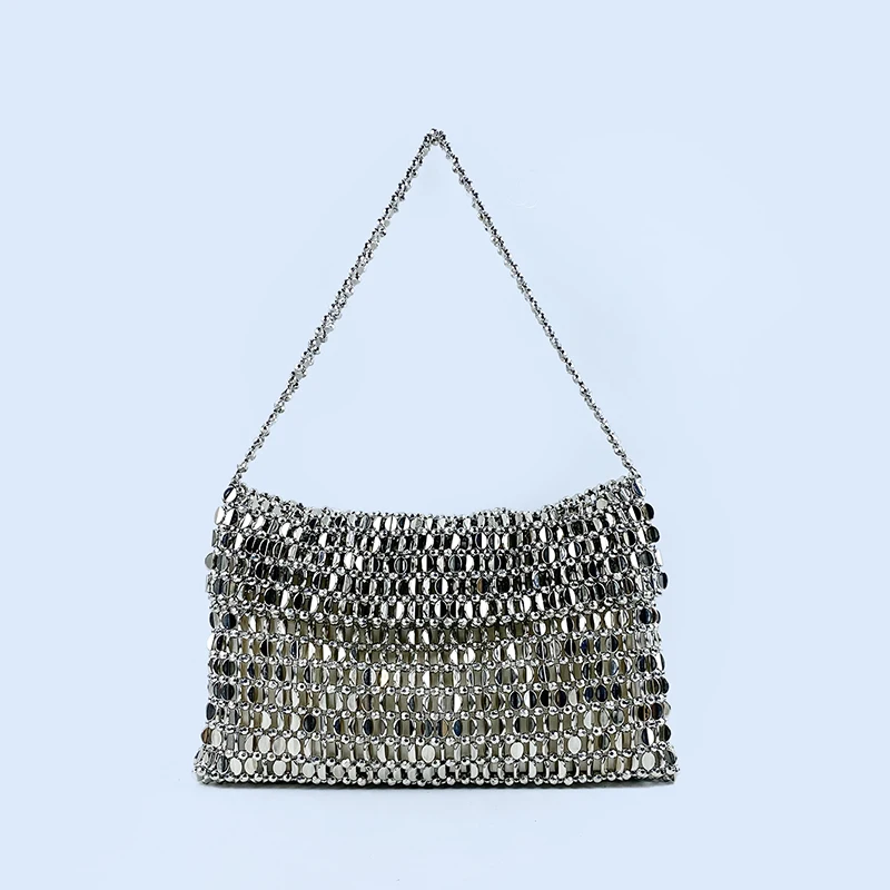 Retro metal sequin silver bag for women's 2024 new bag, hand woven high-end feel handbag, shoulder and underarm bag