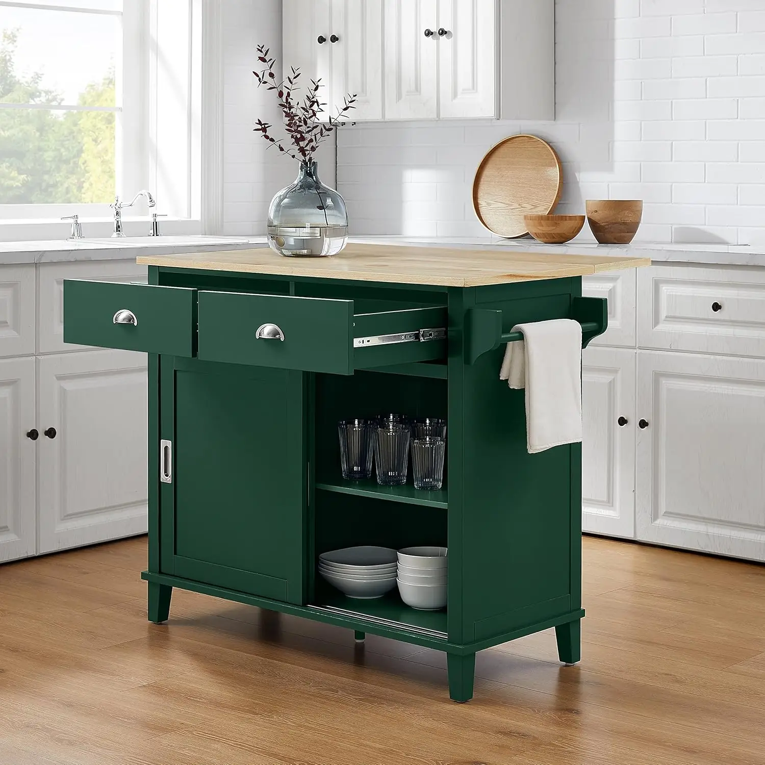 Cora Drop Leaf Kitchen Island with Natural Wood Top, Emerald Green