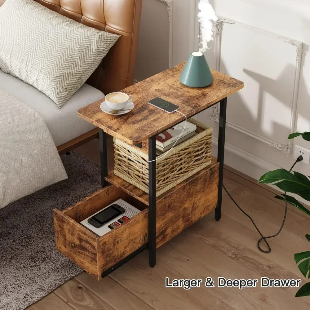 End Table with Charging Station, Narrow Side Table with Drawer and USB Ports & Power Outlets,Nightstand Bedside Tables for Small