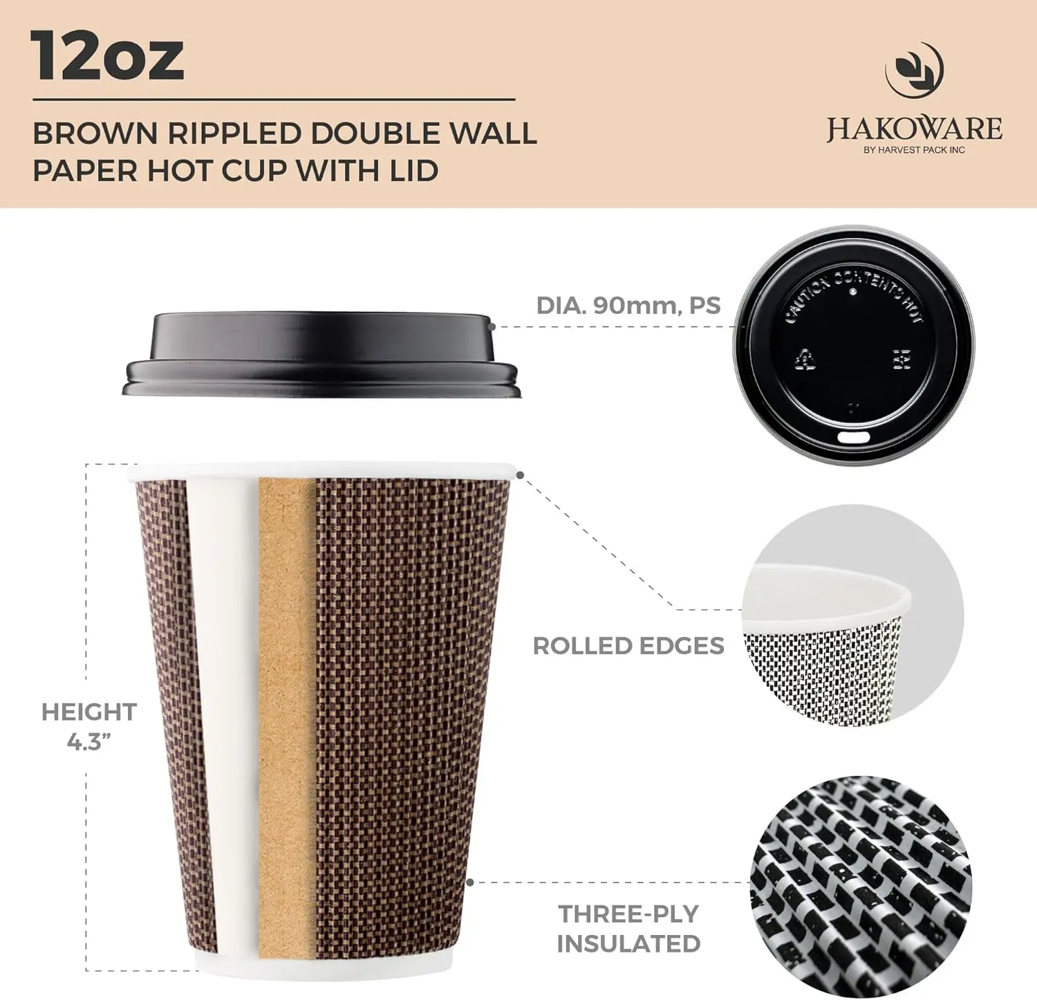 [100 SET]Harvest Pack 12 oz Disposable Coffee Cups, Insulated Ripple Double-Walled Paper Cup with Lids, Brown Geometric,