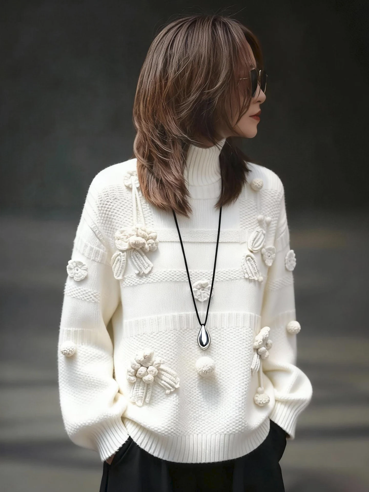 

Long Sve Knitted Sweater Women's Loose Design Sensation 3D Flower Pure Color Trendy Top Korean Sle Winter New Arrival
