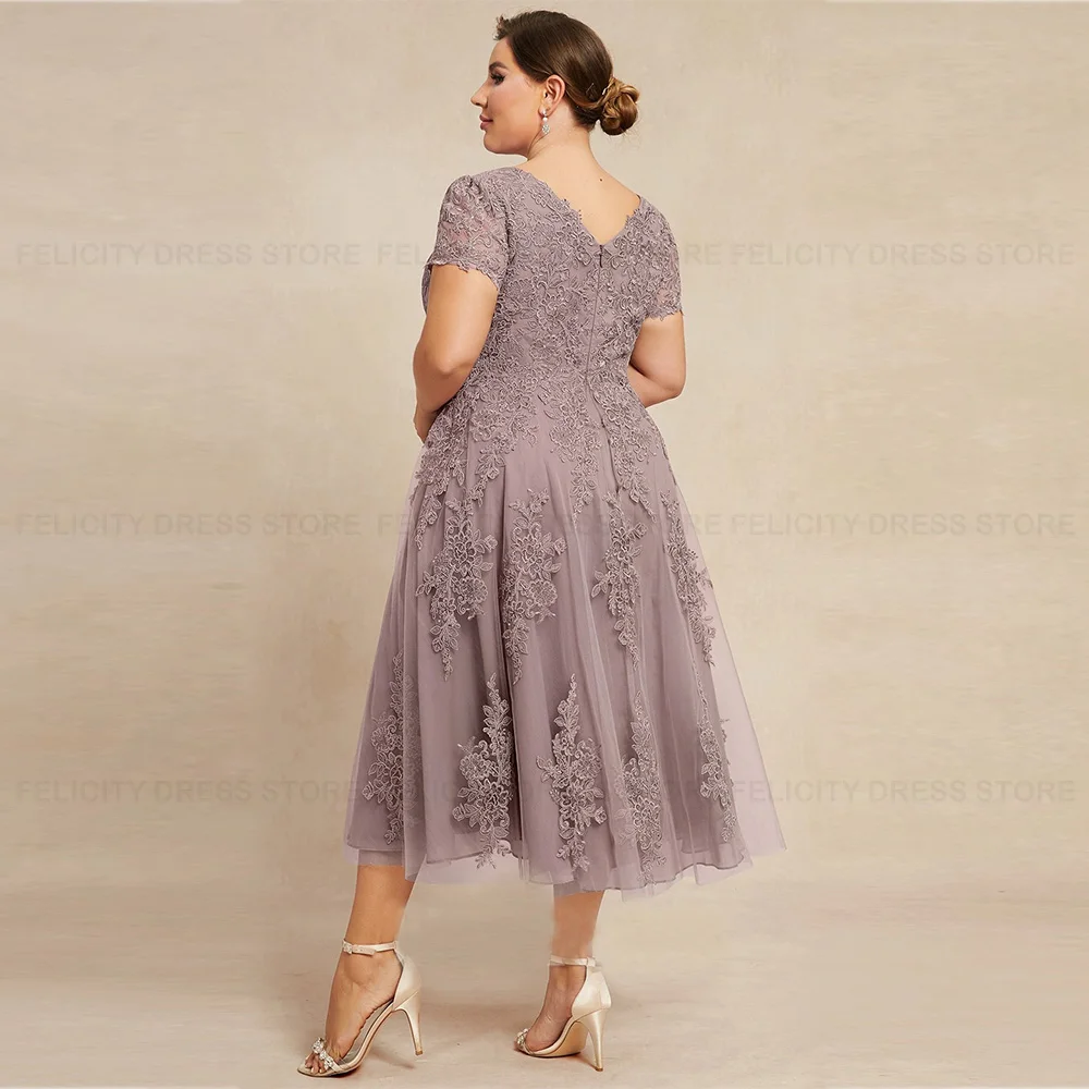 Elegant Plus Size Elegant Mother of the Bride Dress 2023 A-line Scoop Tea-Length Lace Wedding Guest Dresses فستان حفلات الزفاف