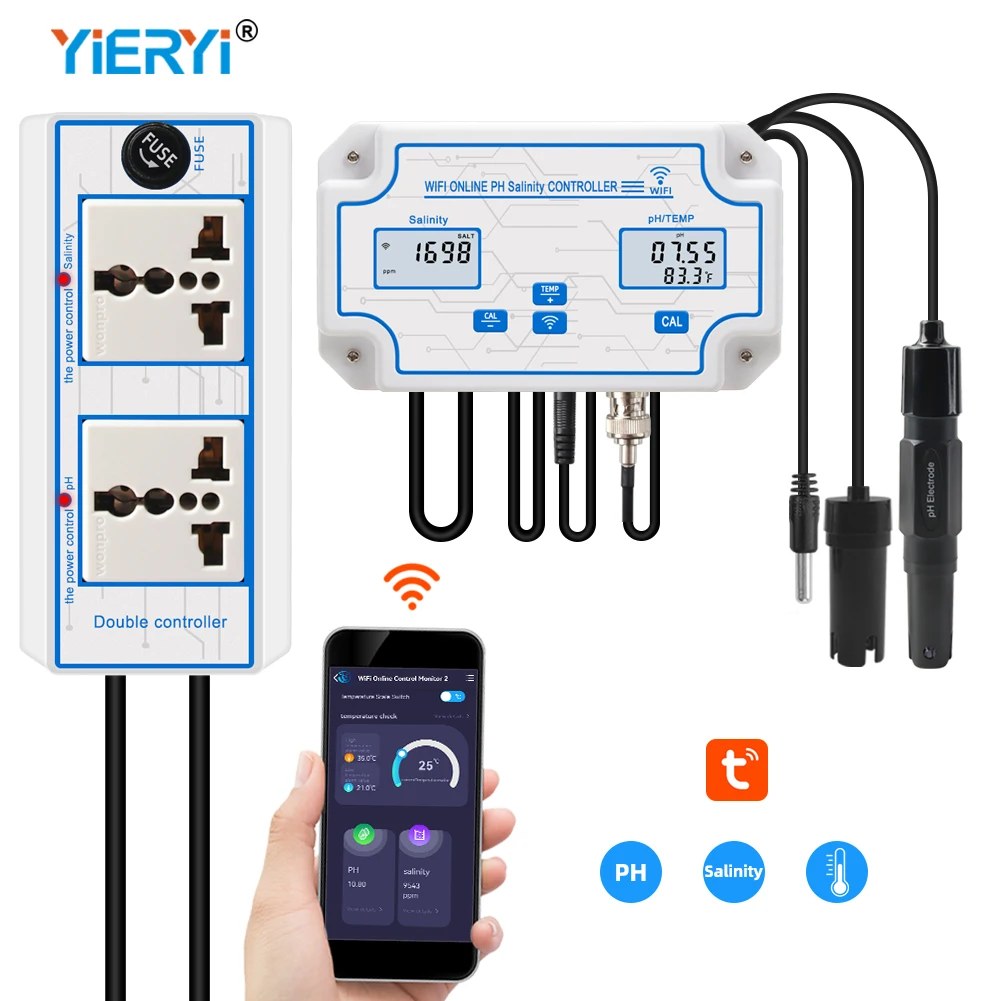 Wifi em Temp ph Salinidade Medidor Controlador de Água Salgada Seawater Tester Inteligente Tuya Remoto Monitor em Linha para Aquários Fishtan