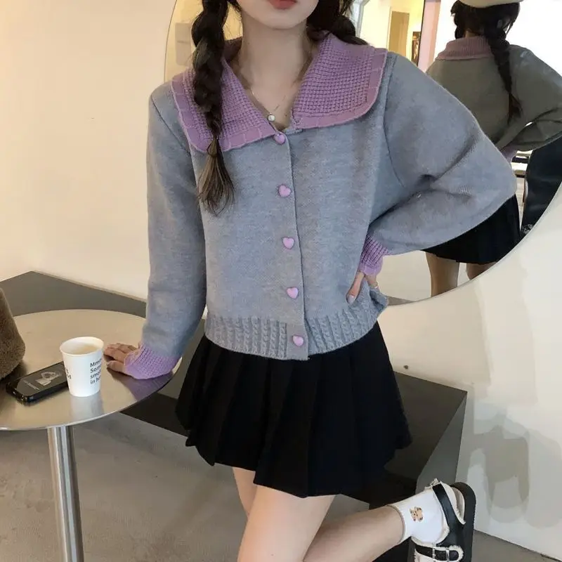 Peter Pan Collar Contrasting Colors Sweater Women Autumn Winter Loose Knitting Cardigan Sweet All-match Fashion Knitwear Tops