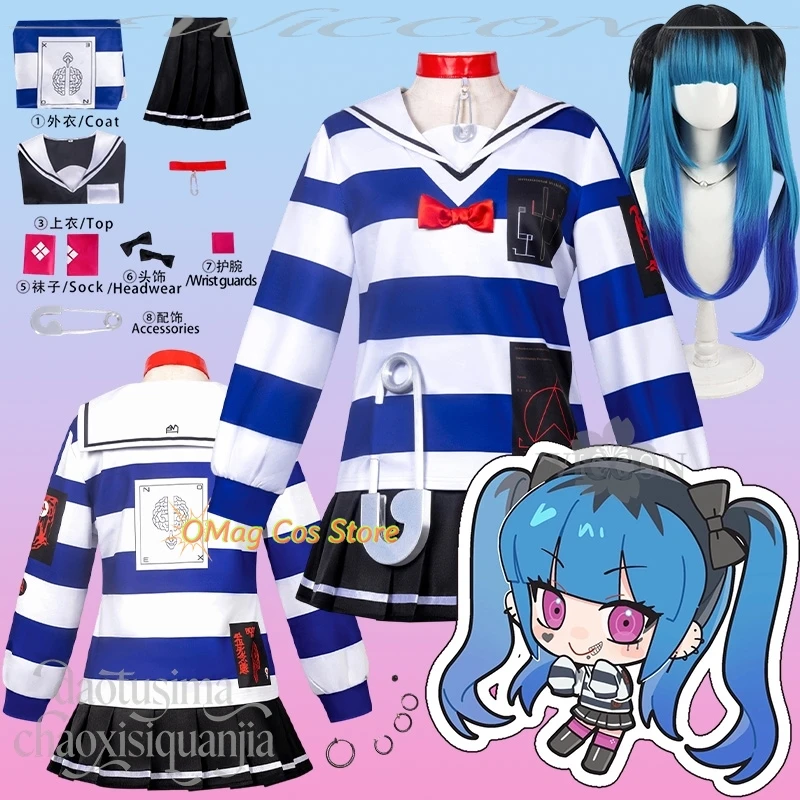 

OMag Cos Store Game Hundred Cosplay Amemiya Darumi Anime Costume Jirai Kei Girls Blue White Striped Sailor Shi