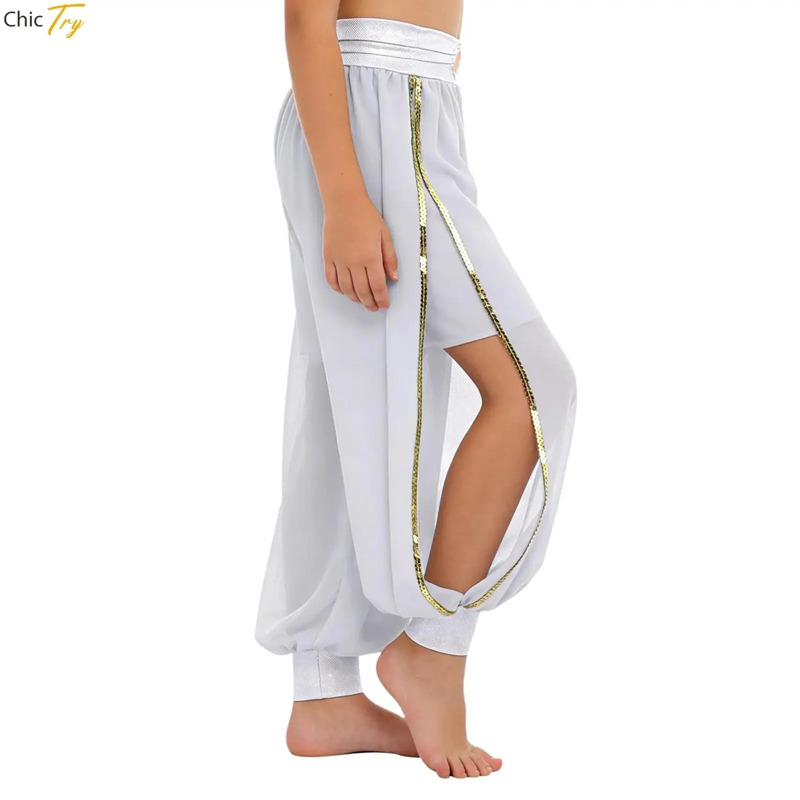 여아 벨리댄스 하렘 팬츠 할로윈 카니발 의상 O-링 주름 사이드 슬릿 바지 트라이벌 아랍 댄스 공연 블루머