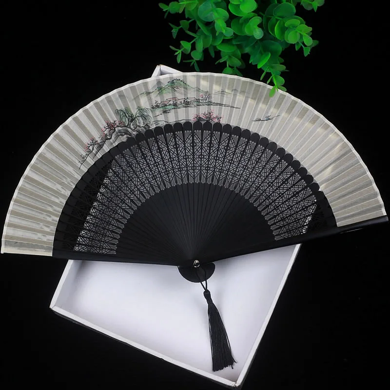 

Chinese lady landscape painting decorative folding fan Bamboo woodhollow-carved design Silk hand fan decoration gift folding fan