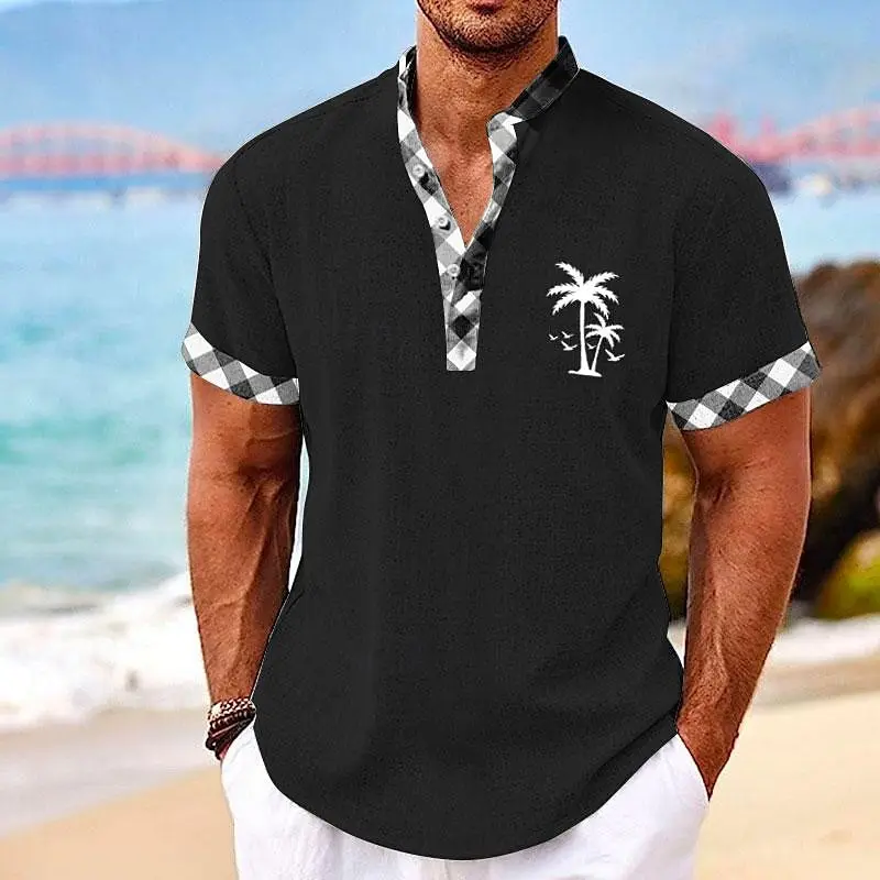 Coconut Tree Plaid 3D Print Henley Shirts Men\'s Casual Oversized Button Stand Collar Short Sleeve T Shirt Tees Tops Man Clothing