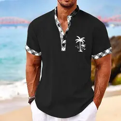 Coconut Tree Plaid 3D Print Henley Shirts Men's Casual Oversized Button Stand Collar Short Sleeve T Shirt Tees Tops Man Clothing