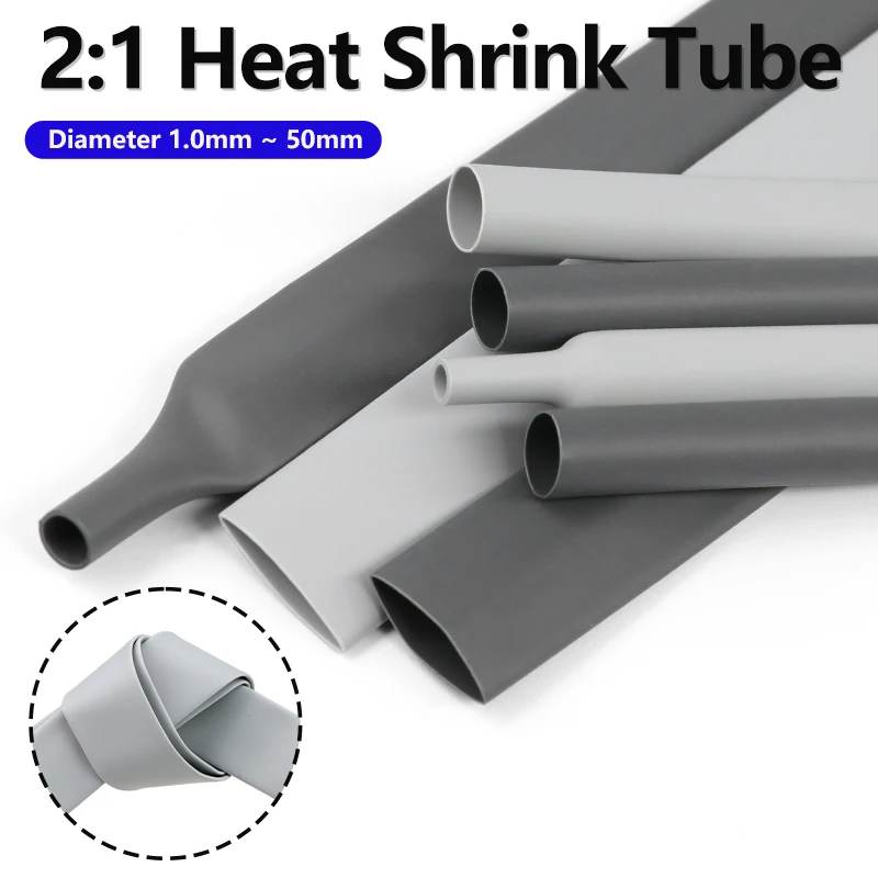 2/5M Grey 2:1 Heat Shrink Tube Diameter 1mm ~ 50mm Wire Repair Protector Polyolefin Insulated Shrinkable Cable SleeveTubing