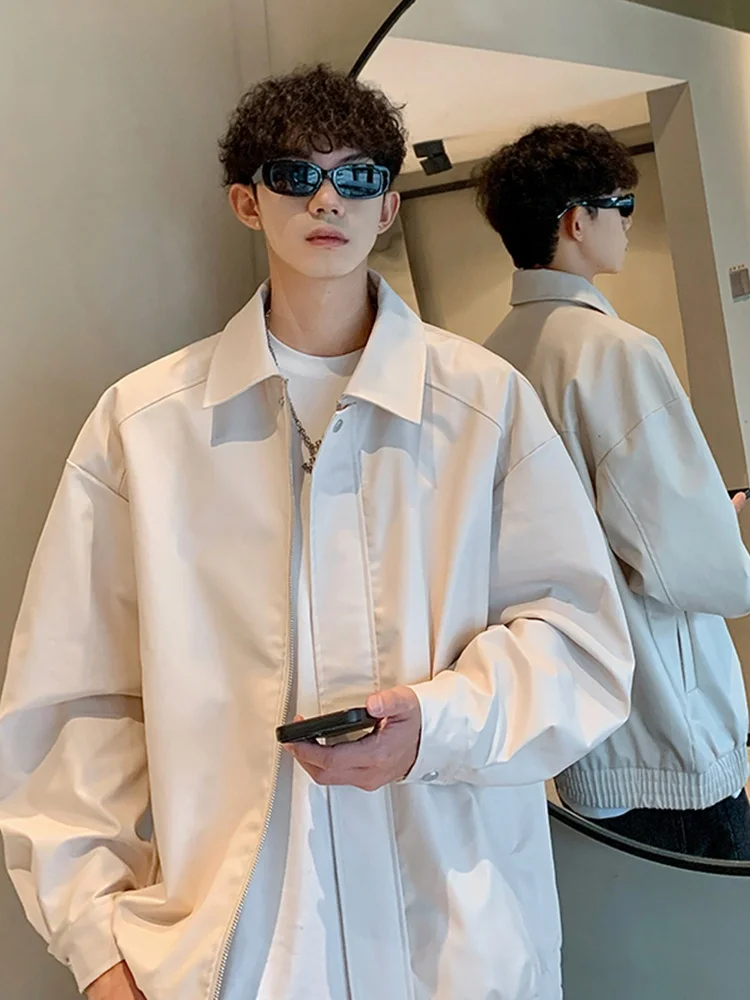 

Белая мужская куртка из искусственной кожи, весенне-осенняя свободная посадка, модная брендовая высококачественная рекламная верхняя одежда с воротником