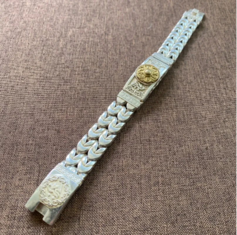 Weißkupferfarbenes zweifarbiges Dharma-Rad-Armband, Retro breiter Weizenkorn-Armreif, Unisex Ethno-Streetwear-Schmuck – Detail 2
