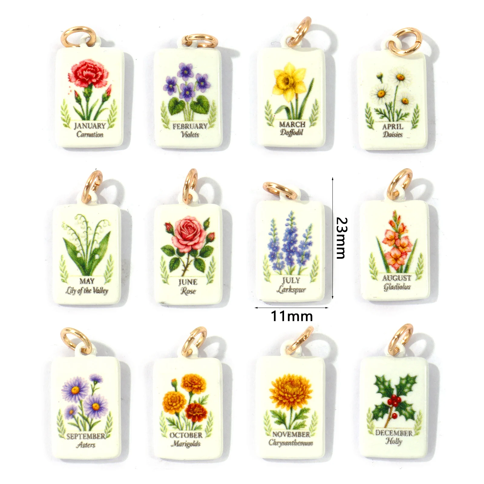 1Pc 18K Gold Plated Brass Birth Month Flower Charms Rectangle Enamel Printed Pendant Charms for DIY Necklace Bracelet Jewelry