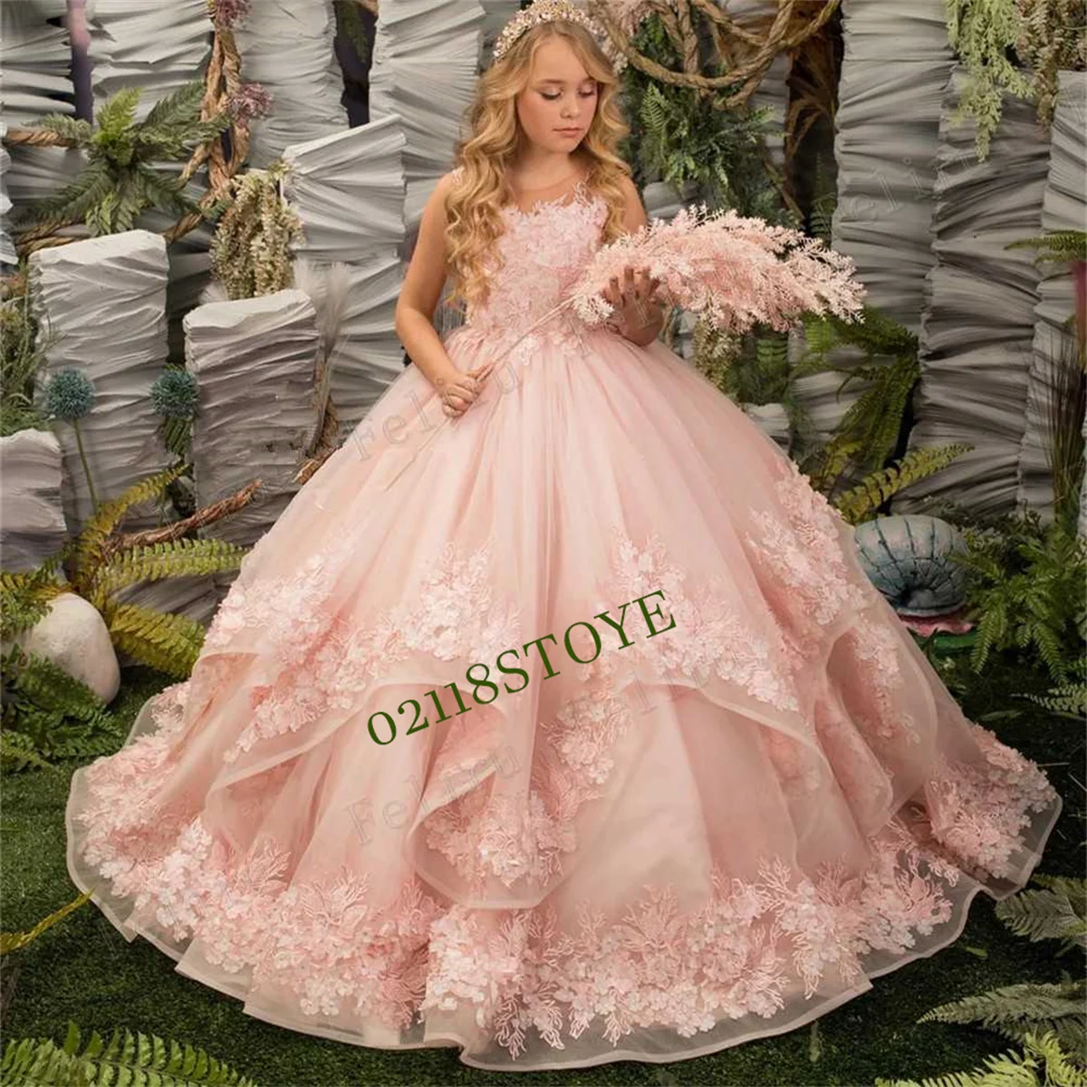 

Stunning Tulle Flower Girl Dresses For Wedding Crstals Tiered A Line Hi-Lo Kids Prom Gown First Communication Dress