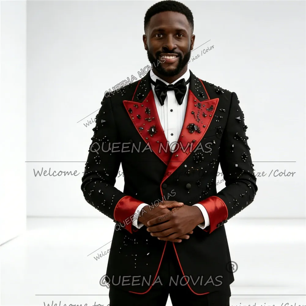

Rhinestons Beaded Men Suits 2 Piece Set Male Prom Blazers Customized Wedding Groom Tuxedos Brilliant Crystal Lapel Costume Homme