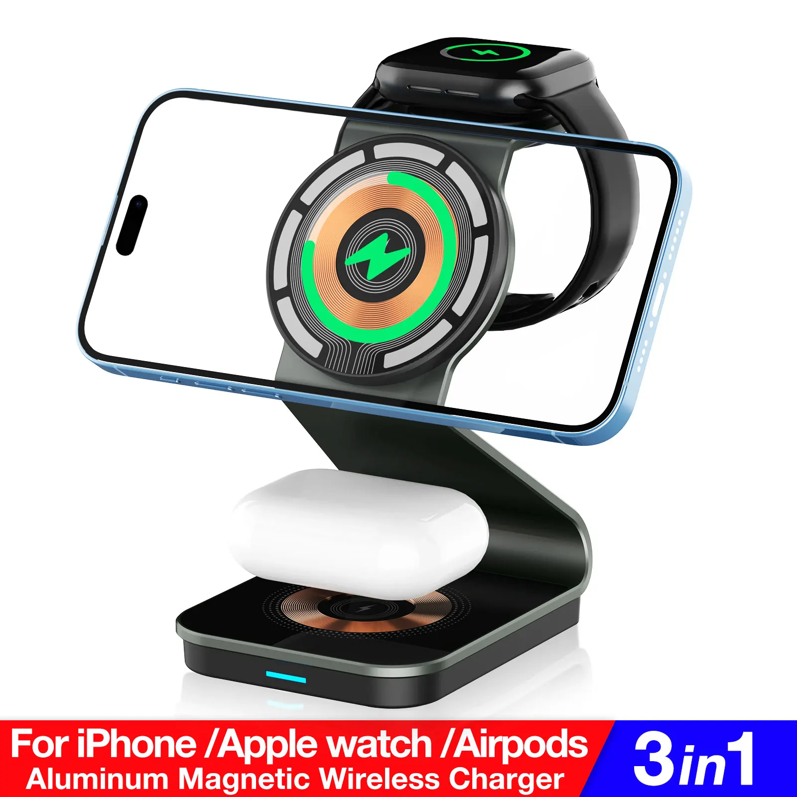 Magnetic Wireless Charging Station for Apple Series 3-in-1 Standard 15W Fast Magnetic Charger Stand for iPhone AirPods iWatch