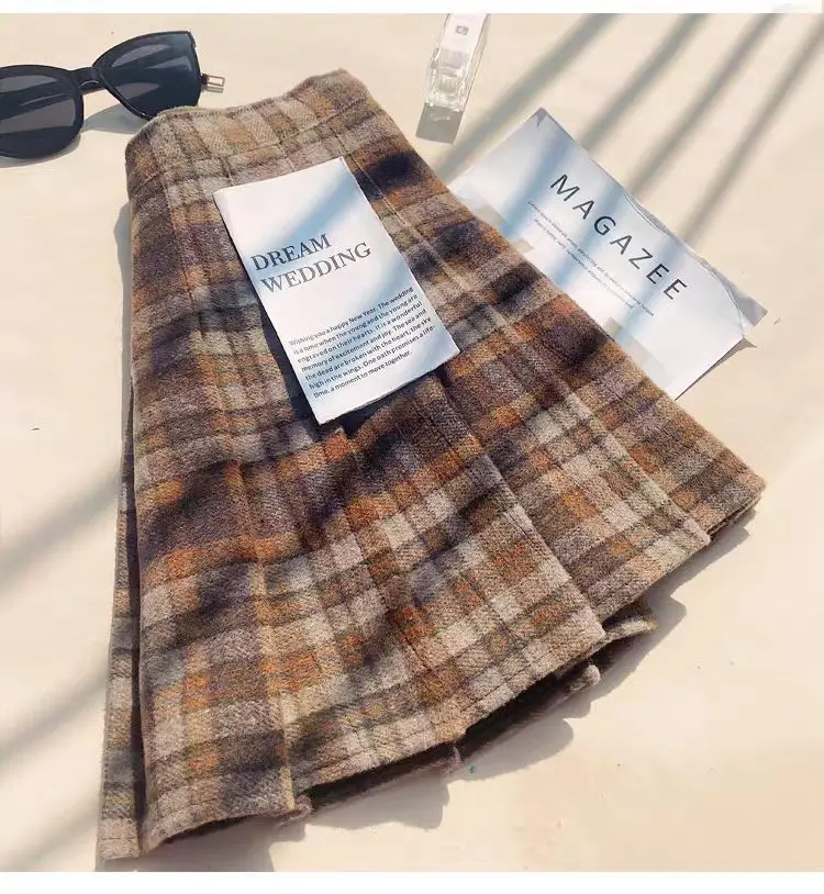 

Клетчатые шерстяные плиссированные юбки для женщин, весна-осень, высокая талия, консервативные теплые мини-юбки, женская модная универсальная юбка трапециевидной формы Kawaii