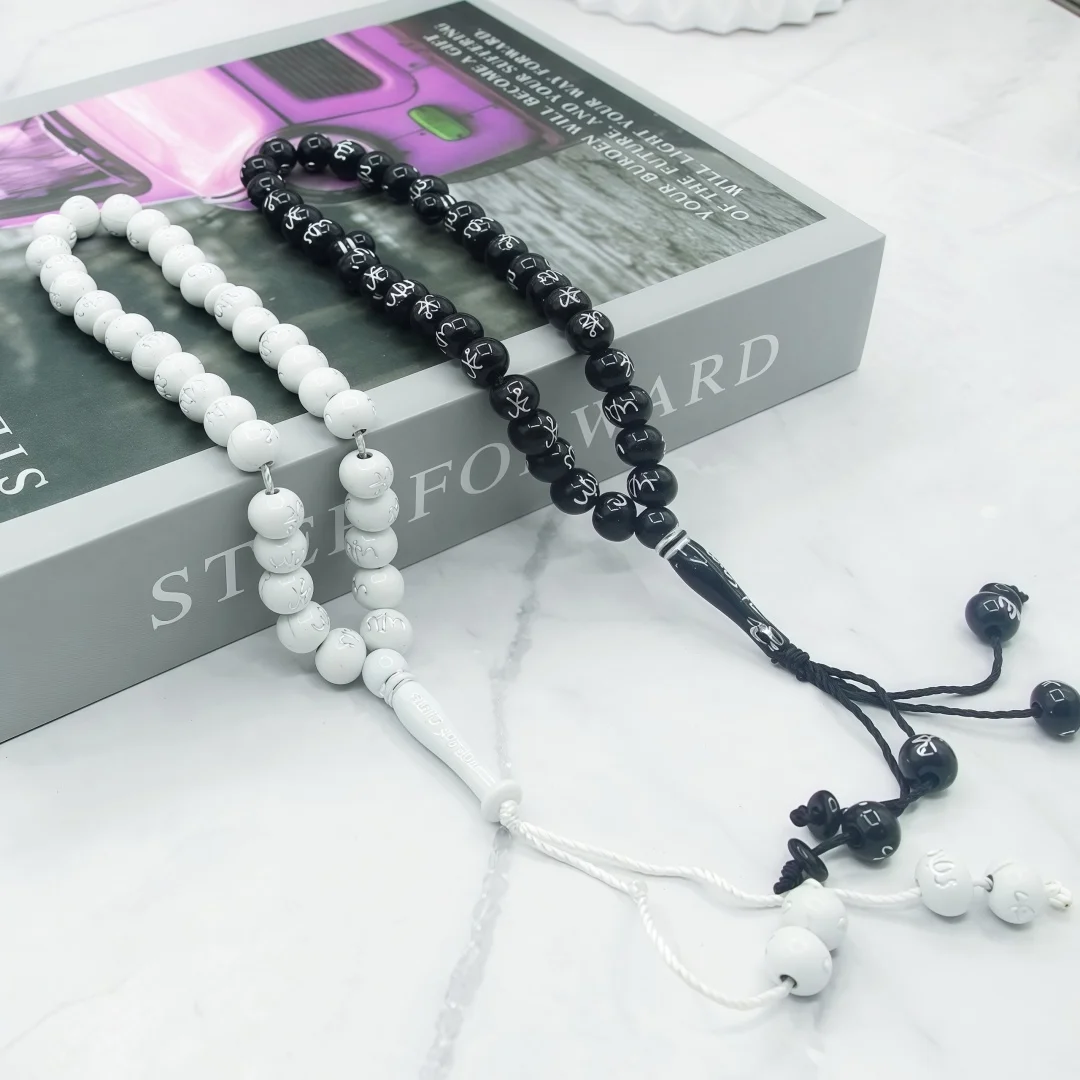 Light luxury gilded resin hand prayer beads, 12mm carved Arabic script, 33 pieces wear-resistant portable prayer beads